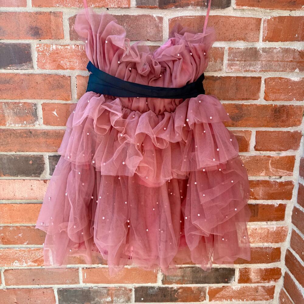 NEW – Maeve Anthropologie Strapless Tiered Tulle Mini Dress Pink Beaded Size 6 - Picture 3 of 7